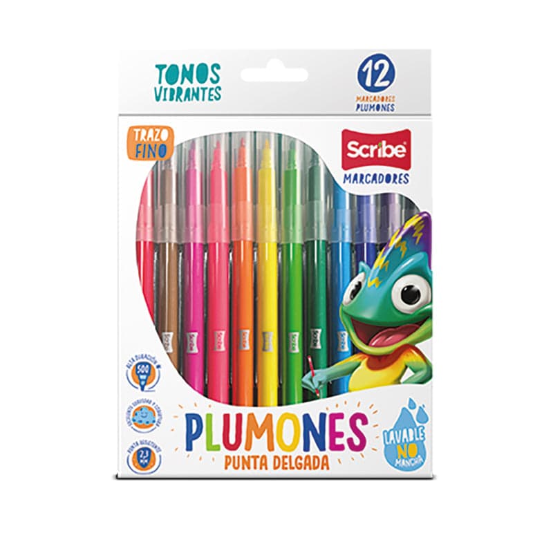 Plumón Lavable Scribe Punta Delgada x 12